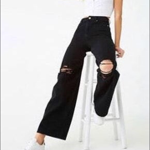 Forever 21 Denim - Forever 21 Black High Waisted Wide Leg Distressed
